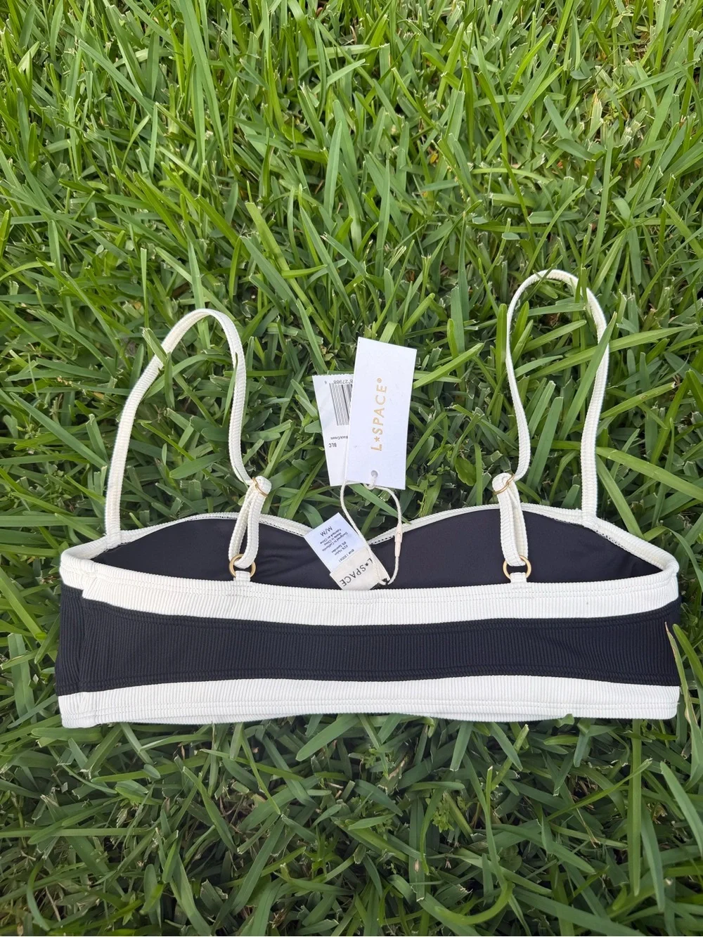 L*SPACE Madison Bikini Top Black/Cream Ribbed Colorblock Size M NWT